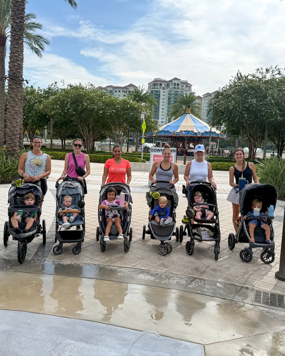 Stroller Society Co. families lined up with their strollers